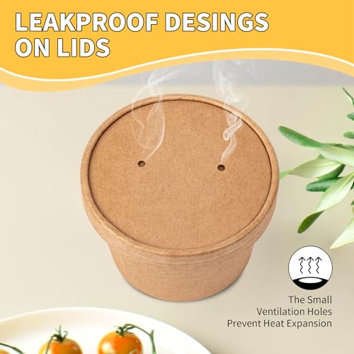 PakTalk Paper Soup Containers with Lids, 50 Pack Brown Soup Bowls Biodegradable Ice Cream Cups with LidS for Hot Soup or Ice Cream (50 sets, 8 oz)