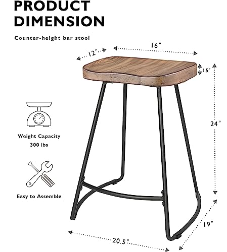 JUBILOOM Bar Stools, 24 Inch Kitchen Counter Height Stools with Metal Leg, Bar Chairs with Wood Saddle Seat, Industrial Backless Stools for Kitchen Island, Dark Brown Seat, Black Metal, 624PBR1