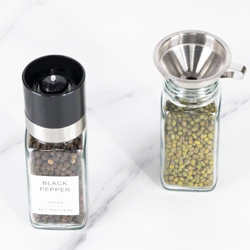 FavorFlavor 24 Pcs Spice Jars with Label, 4.3OZ Thickened Glass Seasoning Jars with Bamboo Lids & Pepper Grinder, Airtight Sealing with Metal Funnel for Easy Refilling, Spice Jars with Shaker Lids