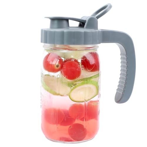 Mason Jar Pitcher 32 OZ Glass Pitcher With Pour Spout Lids Airtight Leak Proof 1 Quart Wide Mouth Water Pitcher With Handle And Flip Cap For Iced Tea, Milk, Sun Tea, Lemonade,Juice, Iced Coffee