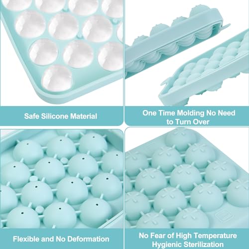 2 Pcs Ice Cube Tray - Stackable Round 25-Ball Silicone Ice Cube Molds with Silicone Lid, Easy to Release, BPA-Free for Chilled Beverages, Whiskey, and Cocktails (Blue)