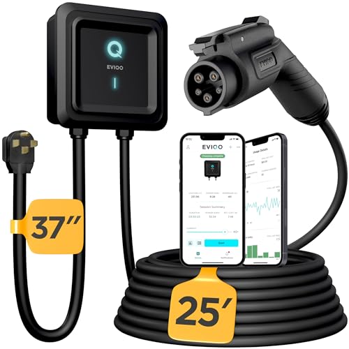 EVIQO Level 2 EV Charger - Smart EV Chargers - 48 Amp Home EVSE - WiFi EV Level 2 Charger - Level 2 Charger NEMA 14-50 or Hardwire - 25ft Cable EV Charger Level 2, Electric Car Charger Energy Star/UL