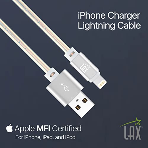 LAX Premium Stitched [Apple MFi Certified] Fast Charger iPhone Lightning Cable, iPhone Cord Compatible with iPhone 14/13 /12/11 Pro Max/XS MAX/XR/XS/X/8/7/6S/SE/iPad, iPod & More - (6FT-Chrome)