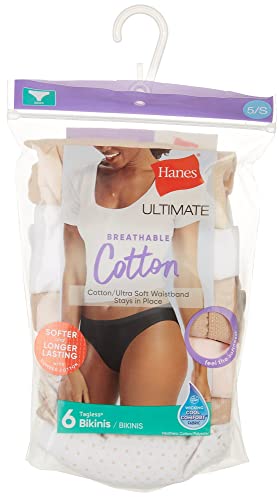 Hanes Ultimate Women's 6-Pack Breathable Cotton Hipster Panty, Sugar Flower Pink, White, Concrete PE Heather, Black, Purple Vista Heather, Purple Vista Floral Print, 5