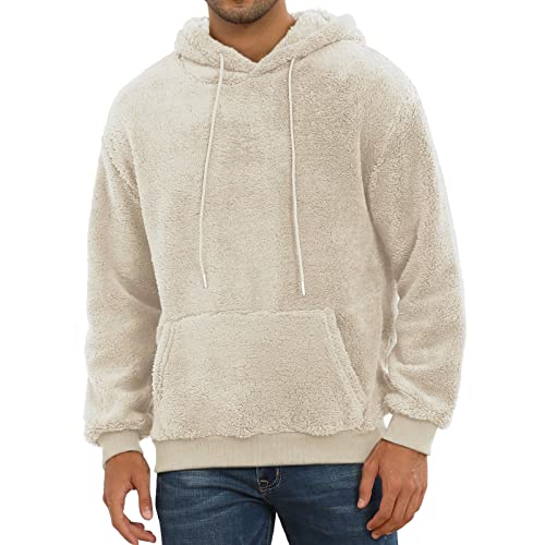 PEGENO Mens Fashion Fuzzy Pullover Hoodies Long Sleeve Casual Fleece Pullover Hoodies Sweatshirts（Brown Small）
