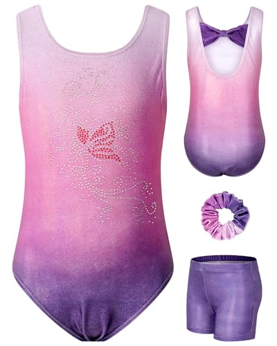 JiAmy Gymnastics Leotards for Girls with Bow Back, Sparkly Dance Unitards with Shorts Ballet Biketards Outfit Gradient Red 3-4 Years