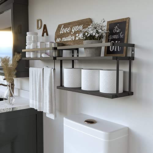 RICHER HOUSE Dual-Level Guardrail Floating Shelves, Rustic Wood Bathroom Shelf Wall Mounted, Over Toilet Paper Storage Shelves for Bathroom Wall Decor, Bathroom Organizers and Kitchen Storage - Black