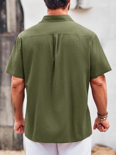 Runcati Mens Linen Shirt Guayabera Cuban Short Sleeve Button Down Summer Beach Hippie Shirts Beige