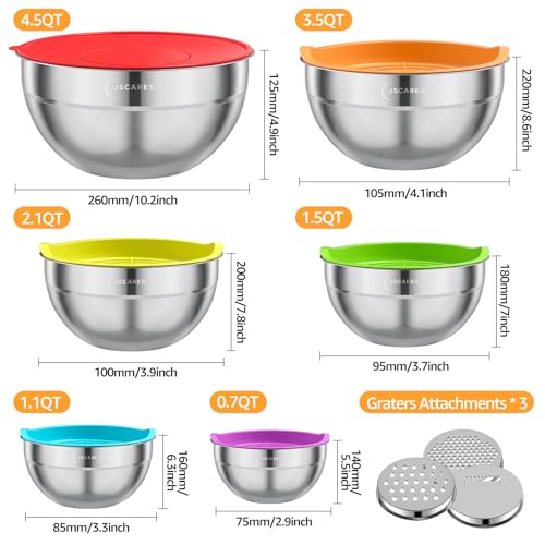 JSCARES Mixing Bowls with Lids Set, 5 Piece Metal Stainless Steel Bowls Colorful Airtight Lids Stackable Food Bowls Size 4, 3.5, 2.1, 1.5, 0.7 QT, Great for Baking & Mixing, Serving