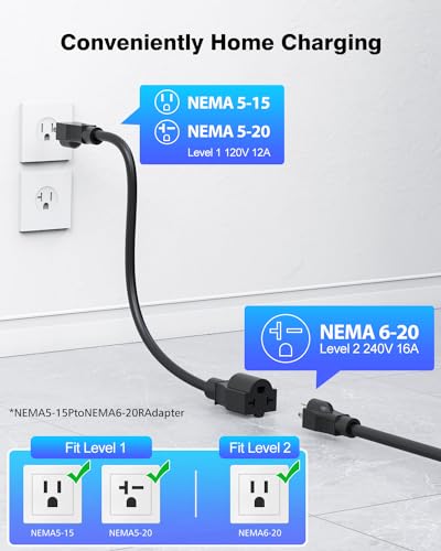 Level 1/2 EV Charger for Tesla, 16A Electric Car Mobile Charger for Tesla 25ft Cable with 240V NEMA 6-20 Plug, 120V NEMA 5-15 Adapter, NACS Connector, Home Portable Wall Charger for Tesla ModelY/3/S/X