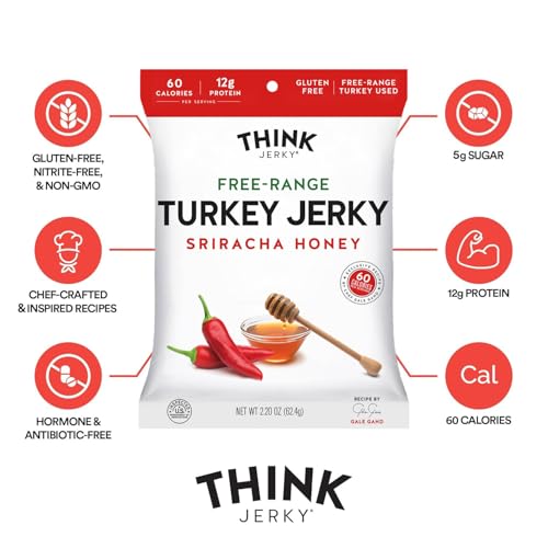 Think Jerky Beef and Turkey Jerky Variety Pack, Classic, Sweet Chipotle, Sriracha Honey, Sesame Teriyaki, Healthy Meat Snack, Low Calorie Low Fat - 1.0 oz Bags, 8 Pack, 2 of Each