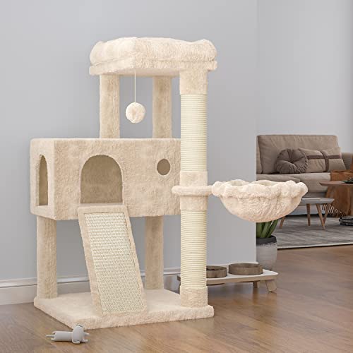 SHA CERLIN Cat Tree 36 Inches Cat Tower with Cat Hammock, Sisal Scratching Post for Indoor Cats, Small Room, Beige