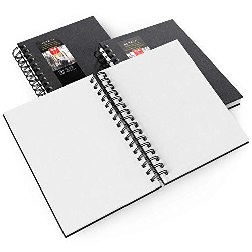 ARTEZA Watercolor Sketchbook Set, 3-Pack, 64 Pages per Book, 5.5 x 8.5 Inches, Black Hardcover Spiral Notebooks, 140-Pound Premium Watercolor Paper for Artists