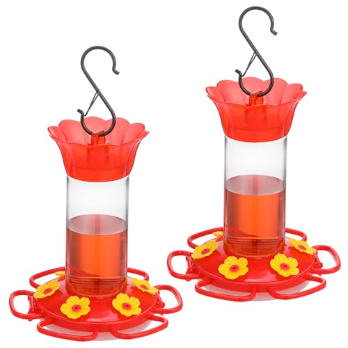 Rihogar Hummingbird Feeder for Outdoors Hanging, 2 Pack Plastic Humming Bird Feeders with Buckle, 6 Feeding Ports, Built-in Ant Moat, Wild Bird Feeder for Outside Garden, Leak-Proof (12 oz)