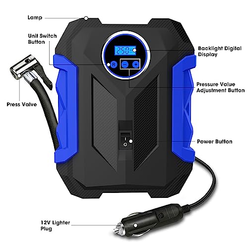 Digital Air Compressor for Car Auto Pump Portable Tire Inflator with LED Light DC 12V, Blue