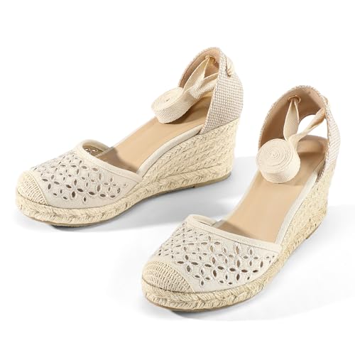 mysoft Women's Espadrille Platform Wedge Sandals Closed Toe Ankle Strap Lace up Summer Shoes