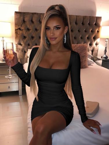 XXTAXN Women's Sexy Bodycon Long Sleeve Backless Party Mini Dress Black