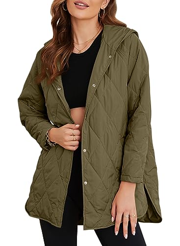 EVALESS Winter Jacket for Women Diamond Quilted Jackets Women's Fashion Winter Long Sleeve Coat Hooded Button Down Puffer Jacket Solid Shacket Jacket Clothing for Women Dressy Casual, Red Medium