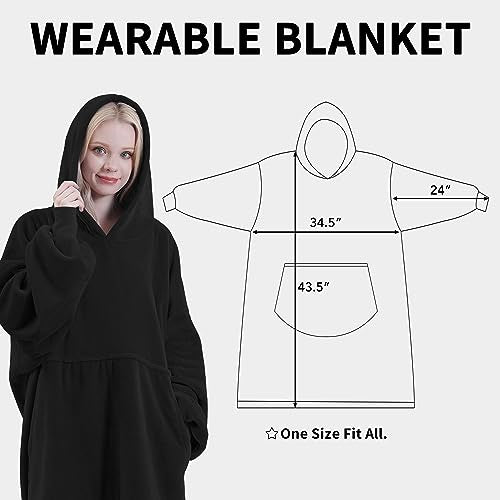 Easy-Going Oversized Flannel Wearable Blanket Hoodie for Adults, One Size Fits All, Black