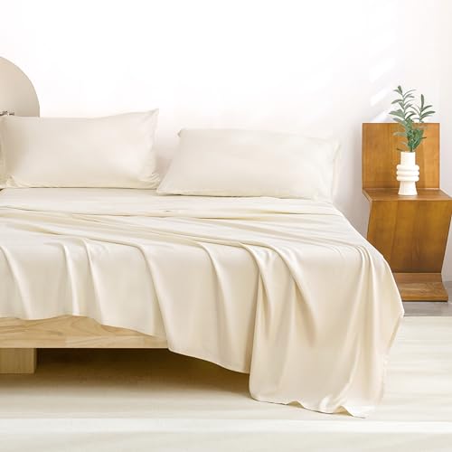 Andency White Sheets Queen Set, 100% Viscose Derived from Bamboo, Cooling Summer Queen Sheet Set, Deep Pocket Up to 16", Silky Soft Bed Sheets, Hotel Luxury Breathable Bedding Sheets & Pillowcases