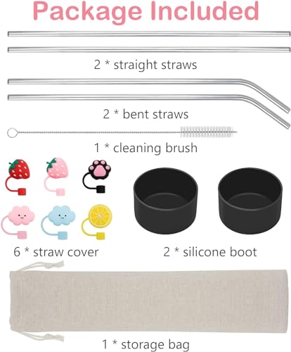 Straw Cover for Stanley 40oz Tumbler with Handle Accessories, 2x Silicone Boot, 6x Straw Cover Cap for Stanley Cup Replacement Straws, 4x Stainless Steel Reusable Straws with Cleaning Brush Black