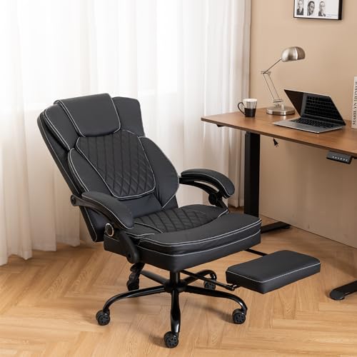 Ergonomic Office Chair with Footrest, Executive Chair PU Leather Computer Chair, Reclining Desk Chair with Leg Rest, Coil Spring Thick Cushion, Big and Tall Chair 400 lbs Capacity | Black