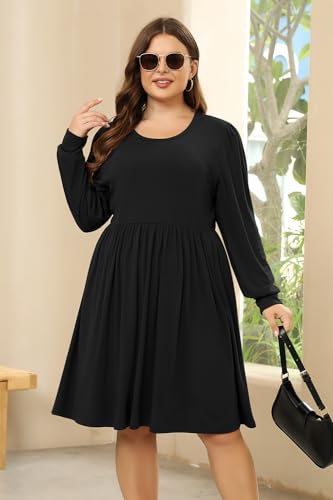 Keluummi Plus Size Women's Flowy Casual Midi Dress with Puffy Sleeves and Pockets - Cozy for Holidays(KEL6021,16,Grey)