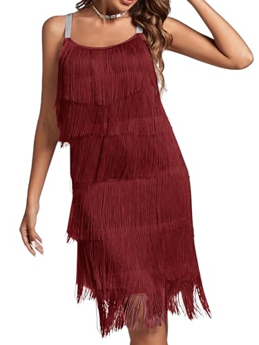 Umenlele Women’s 1920s Flpper Dress Gatsby Sleeveless All Over Tassel Tiered Fringe Cocktail Party Dress Wine Red# Small