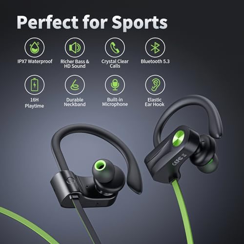 JOYWISE Bluetooth Headphones, Wireless Earbuds Bluetooth 5.3 Headphones with 16Hrs Playtime Stereo Bass Headsets, IPX7 Waterproof Running Earphones for Sports, Black