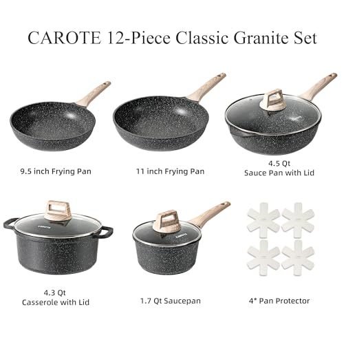 CAROTE 12Pcs Pots and Pans Set Non Stick, Cookware Sets Induction Cookware Granite Cooking Set with Frying Pans, Saucepans, Saute Pan, Extra Large Casserole