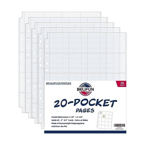 50ct 20-Pocket Coin Pages - Coin Pocket Pages for 2 x 2 Inch Cardboard Coin Holders, 11 Holes for Coin Binder, Coin Collecting Album Protectors, Coin Collection Storage