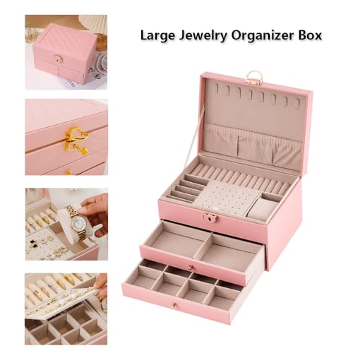 GUOER Jewelry Box for Women Girl Wife 3 Layers Large PU Leather Jewelry Organizer Storage Case with Two Layers Display for Earrings Bracelets Rings Watches PINK