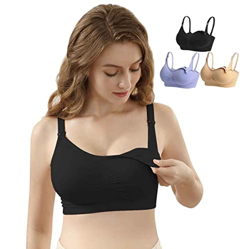 iloveSIA 2Pack Nursing Bra for Breastfeeding Nursing Sports Bra Maternity Pregnancy Seamless Wireless Fit Bra Regular & Plus Size Black Nude M
