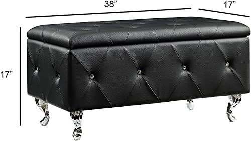 AC Pacific Glam 38 Inches Storage Ottoman Bench for Bedroom, Living Room, Entryway or Hallway, Upholstered Tufted Faux Leather Organizer, Large, Black