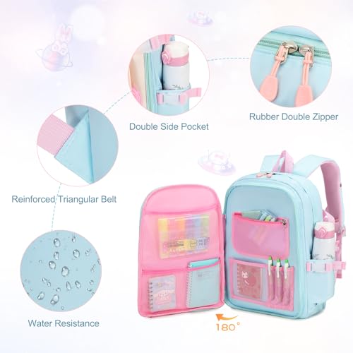 FIXITOK Girls Backpack Set, 3PCS Kids Backpack for Girls, Kawaii Bunny School Backpacks for Girls Kindergarten Elementary Preschool Middle School Bags with Lunch Box Pencil Case Aquamarine