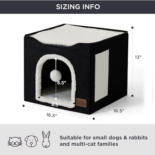 Bedsure Large Cat Beds for Indoor Cats - Extra Wide Cat Cube House for Small Pet with Fluffy Ball Hanging and Scratch Pad, Foldable Pet Cave Hideaway for Multiple Cats, 23.6x16.9x13 inches,Pink