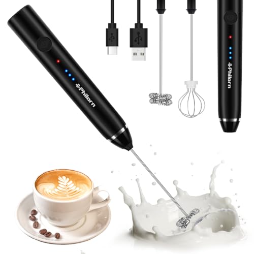 Philorn Milk Frother Handheld Rechargeable Coffee Frother - Frother Wand with 2 Heads, Electric Whisk Drink Mixer for Coffee, Mini Foamer for Lattes, Cappuccino, Frappe, Matcha, Hot Chocolate-3 Speed