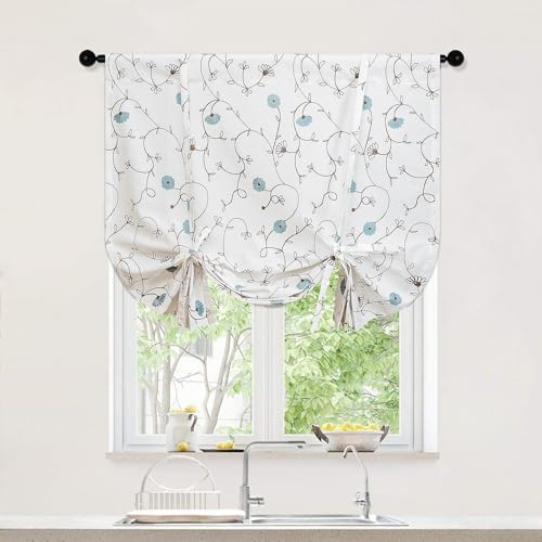 VOGOL Linen Textured Window Shade, Country Style Tie Up Flower Embroidered Drapes & Curtains, 1 Panel Light Filtering Solid Treatment for Nursery Cafe, W45 x L63, Rod Pocket