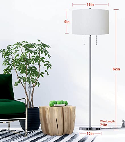 DEEPLITE Modern Floor Lamp, Tall Standing Lamp with 2 Bulb Socket for Office Bedroom Living Room Bright Lighting, Brushed Nickel Body, White Lampshade