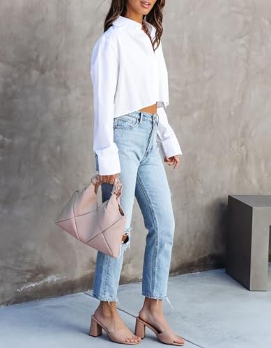 Womens Button Down Cropped Shirts Long Sleeve Summer 2024 Casual Crop Tops Solid Loose Blouse Shirt with Chest Pocket Blue Small