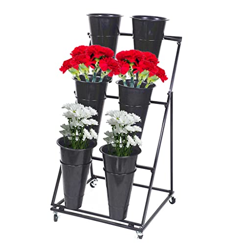 Decorative Flower Display Stand with Buckets for Cut Flowers, Heavy Duty Rolling Plant Stand on Wheels, Indoor Outdoor Flower Cart Ladder Shelf for Florist, Garden, Patio (3 Tier 6 Black Bucket)