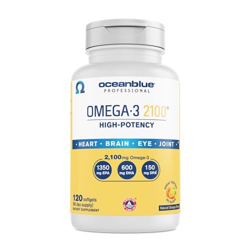 Oceanblue Professional Omega-3 2100-120 ct - High-Potency Triple Strength Burpless Fish Oil with EPA, DHA & DPA - Wild Caught - Orange Flavor, 60 Servings