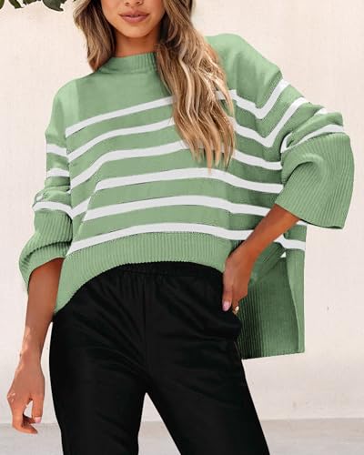 PRETTYGARDEN Women's 2024 Fall Striped Sweater Oversized Long Sleeve Crew Neck Side Slit Casual Trendy Knit Pullover Sweaters (Beige,Small)