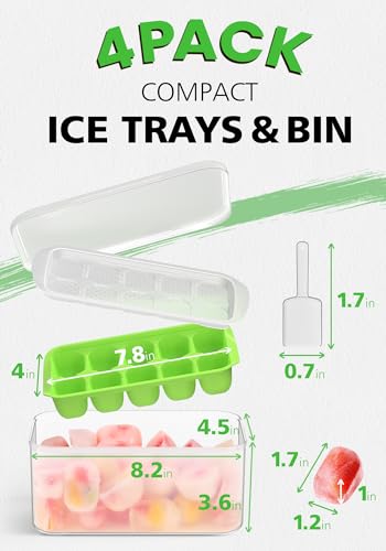 DOQAUS Ice Cube Tray with Lid and Bin, 4 Pack Ice Trays for Freezer, Easy Ice Pop Out Silicone Ice Cube Trays for Freezer with Cover, Stackable Storage Compact Ice Bucket Kits for Popsicles