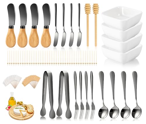 Charcuterie Board Accessories With 3 Oz Ceramic Dip Bowls, Wooden Handle Black Cheese Spreader Butter Knive Set Kit, Mini Tongs, Spoons, Forks,Honey Dipper, Cocktail Picks