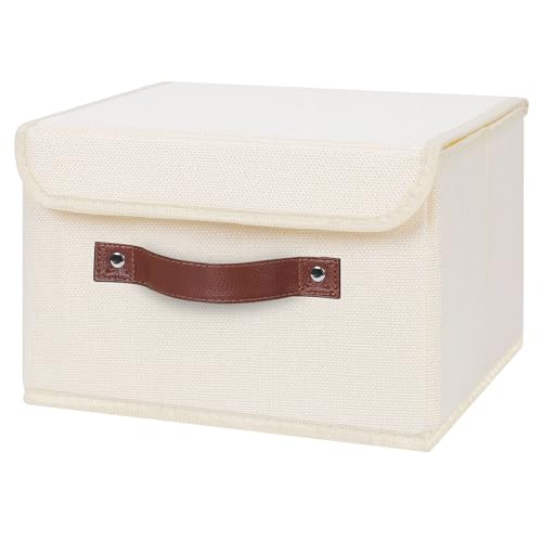ANMINY 4PCS Storage Bins with Lid PU Leather Handles Storage Boxes PP Plastic Board Decorative Foldable Lidded Cotton Linen Fabric Home Cubes Baskets Closet Organizer Containers - Purple, Large Size