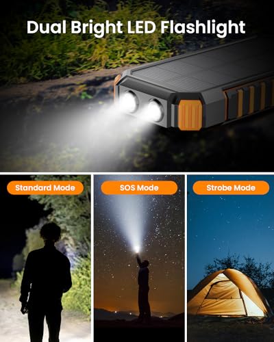 Hiluckey Power Bank Solar Charger 27000mAh Built in 3 Cables Five Outputs 15W Fast Charging Power Bank for All Mobile Devices Solar Portable Charger with Dual Flashlights