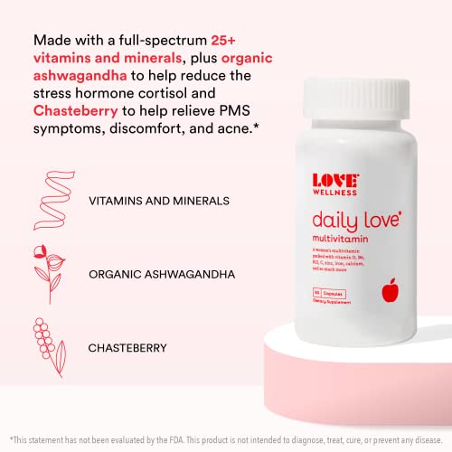 Love Wellness Daily Love Multivitamin for Women | Support for Energy, Immune Health, Managing Stress, & PMS | Complete with Vitamin D, C, Iron, Calcium, Zinc, & Biotin, Magnesium | 60 Capsules