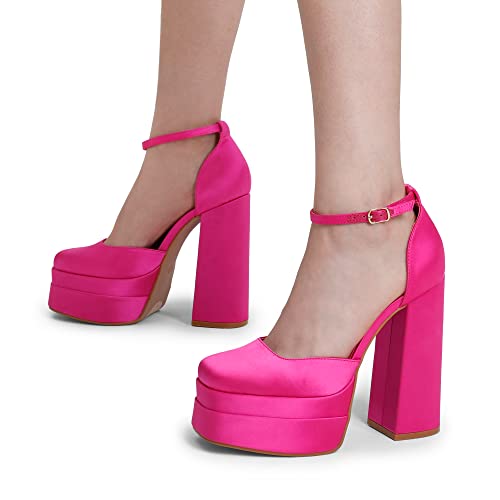 DREAM PAIRS Womens Pointed Toe High Chunky Heels Pump Shoes, Rose Red-Satin - 10 (SDPU2319W)