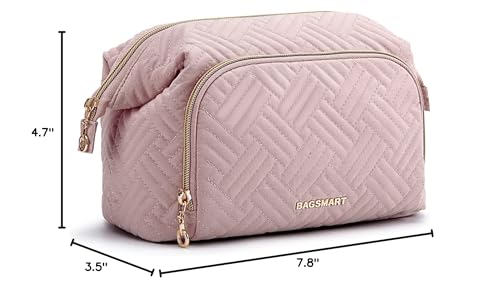 BAGSMART Travel Makeup Bag, Cosmetic Bag Small Make Up Organizer Case,Wide-open Pouch for Women Purse for Toiletries Accessories Brushes Pink